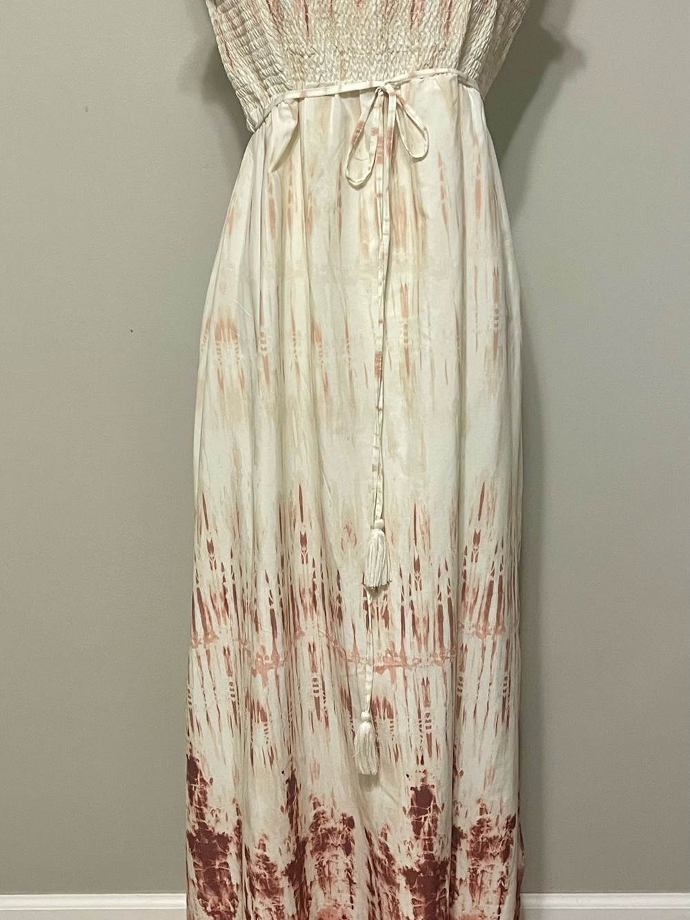 Motherhood Maternity Dress Womens Large Maxi Boho Sleeveless Smocking Fringe Tie - Picture 2 of 7